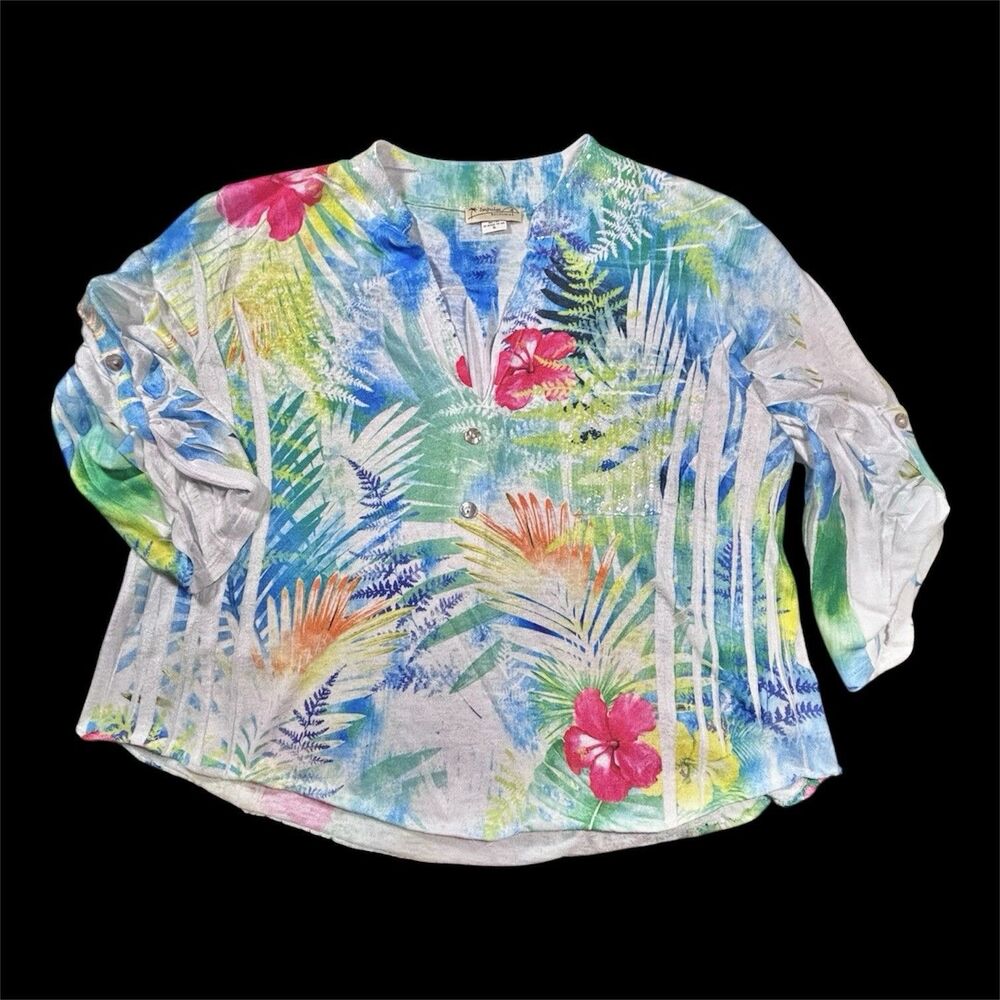 Impulse California Tropical Tunic Top Clear Sequins Trim Roll Tab Sleeves Sz XL